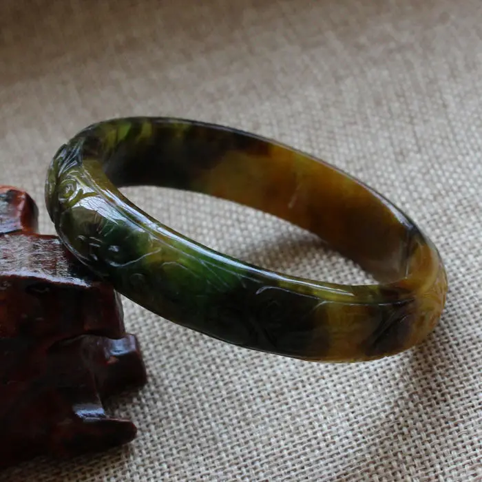 

A934 Chinese Hand-carved Brown Green stoneite stone Gems Bracelet Bangle 58mm