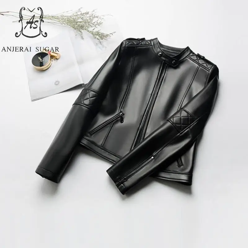 Autumn winter new sheepskin genuine leather jacket women black Stand collar zipper motorcycle female short real leather Jackets