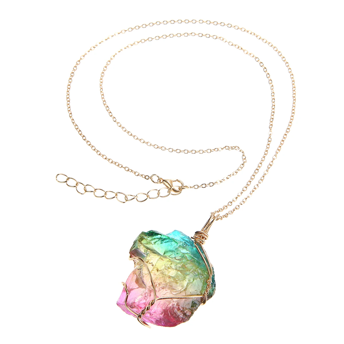Punk Charms Unisex Rainbow Colorful Stone Pendant Necklace Crystal Rock Gold Color Fashion Chain Chic Unique Bohemian Jewelry