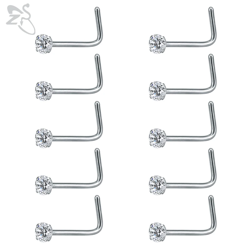 

ZS 10 pcs/lot 20G Nose Piercing Jewelry 316L Stainless Steel Nose Rings Clear Crystals L-shape Piercing Nez Piercing Nariz Rings