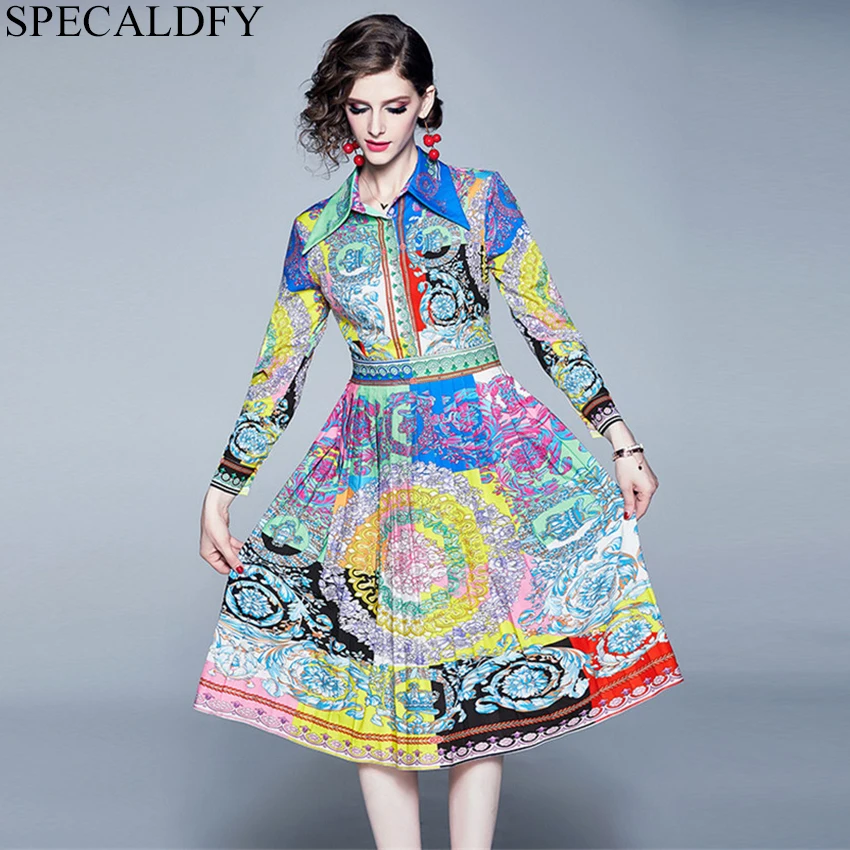 

Spring Autumn Print Midi Pleated Dress Designer Runway Dresses 2019 Women High Quality Fashion Boho Vintage Dresses Robe Femme