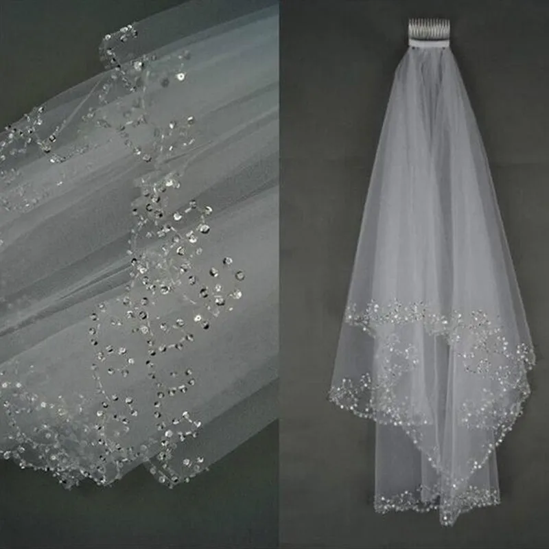 

White or Ivory Short 2 Layer Wedding Veil with Comb Bride Crystal Bridal Veils