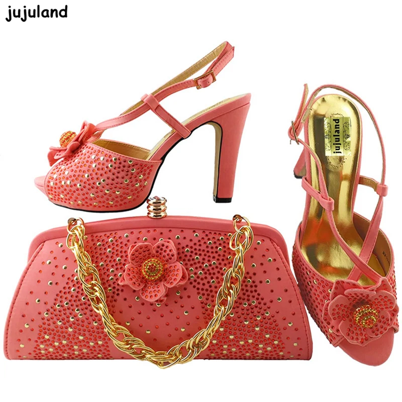 Coral Color Italy Shoes and Bag Set Decorated with Coral Color Italy Shoes and Bag Set Decorated with
