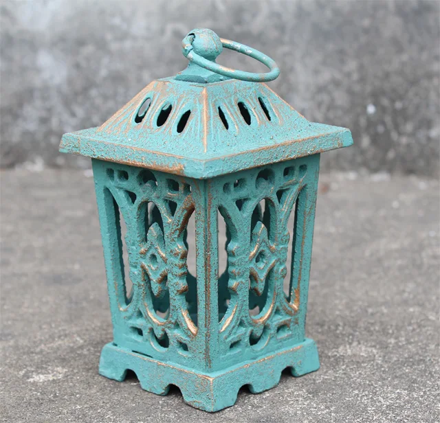 Vintage Candle Lantern Cast Iron Green Hanging Candle Holder Garden Tea