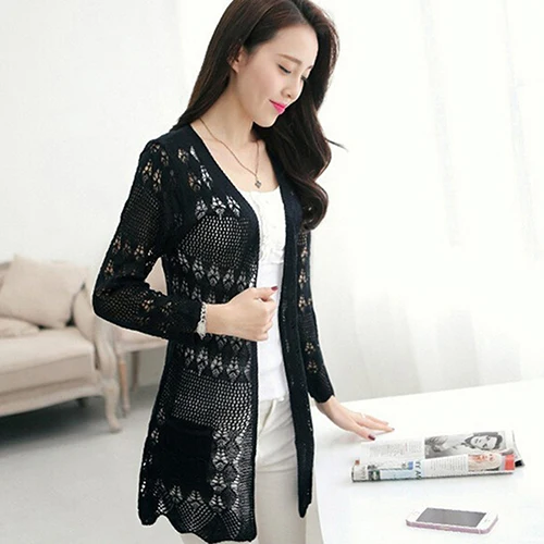 

New Arrival Women Koren Style Cardigan Knitwear Hollow Long Sleeve Casual Outwear Tops
