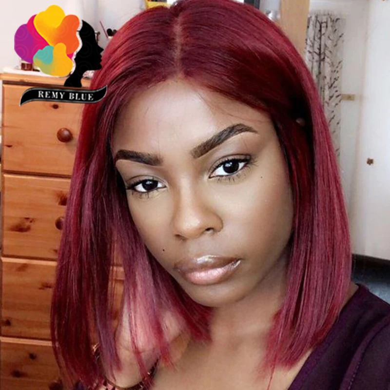 Remyblue Short Bob Red Straight 13X4 Lace Front Human Hair Wig Pre Plucked Hairline Peruvian Remy Burgundy Wig With Baby Hair - Цвет волос: # 99J