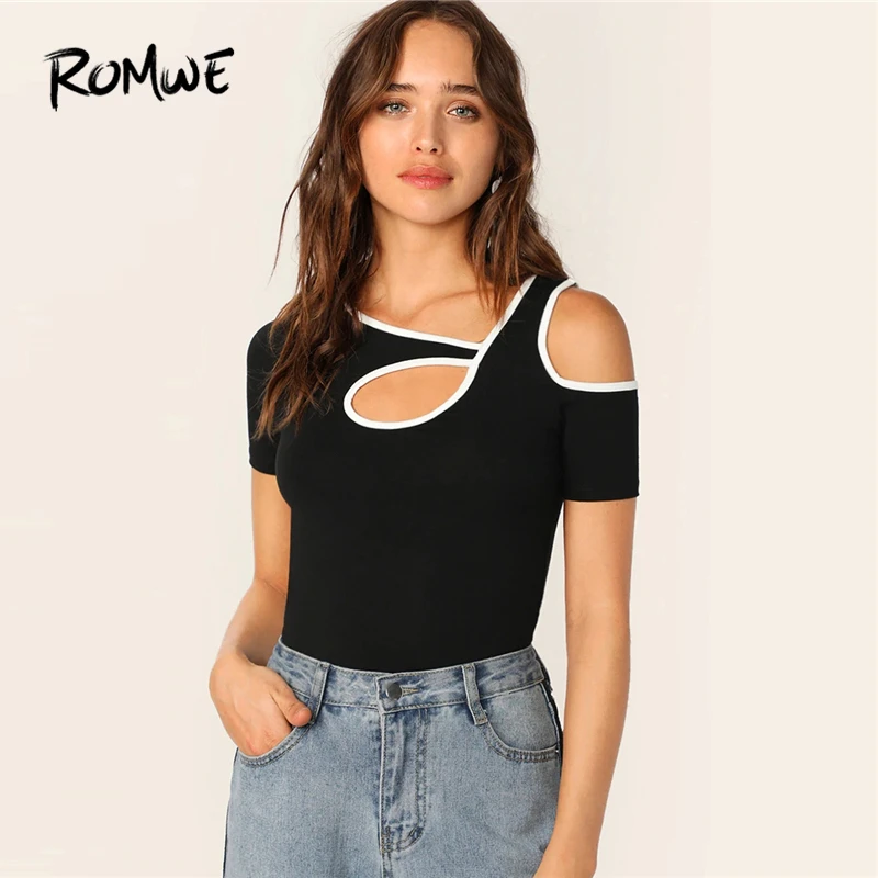 

ROMWE Contrast Binding Cutout Detail Tee 2019 Young Black Slim Fit Short Sleeve T Shirt Chic Asymmetrical Neck Women Top