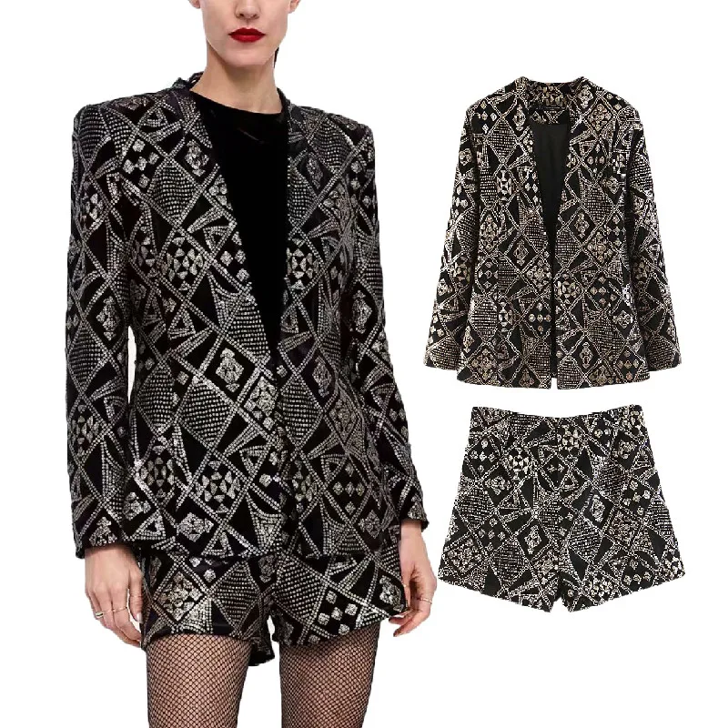 Women Winter Style Geometric Shorts Sets Ladies Diamond Sequined Blazer Jackets Womens Velvet Suits Sets Female Chic Blazers
