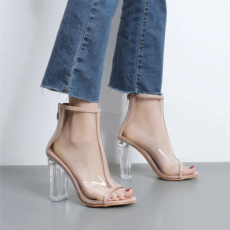

2019 Women Summer 11cm High Thick Heels Sandals Transparent Chunky Peep-Toe Pumps Clear Block Heels Crystal Sandals