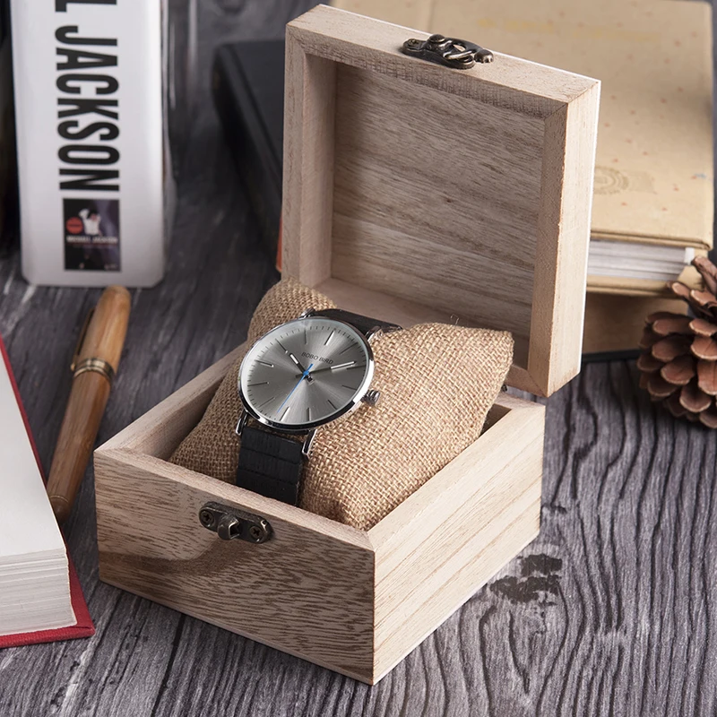 BOBO BIRD Ultra Thin Men Watch Silver Case Classic Dial Quartz Wristwatch with Special Wood Band in Gift Box