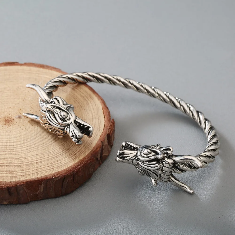Cxwind pulseira viking retrô, pulseira masculina com cabeças de dragão duplo torção pulseira ajustável para homens mulheres presente punk
