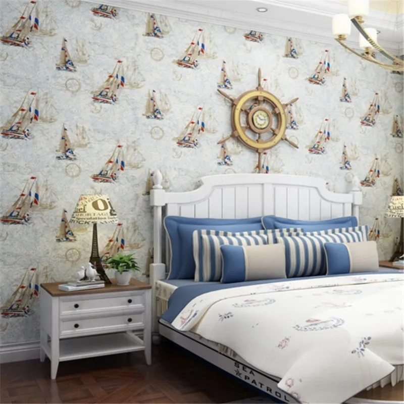 

Mediterranean cartoon sea sailing children's room non-woven wallpaper bedroom living room home decoration papel de parede