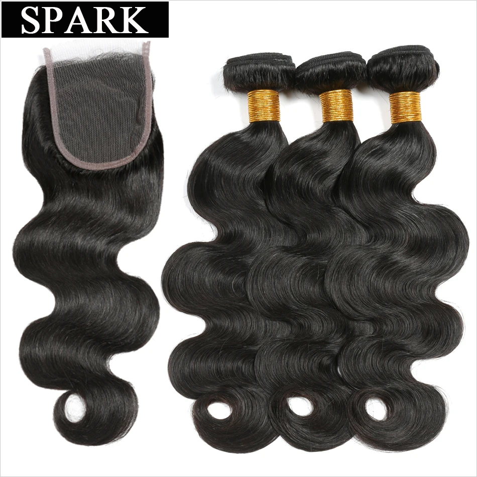 

Spark Brazilian Body Wave Hair Bundles with Closure 100% Human Hair Weave 3/4 Bundles with Lace Closure 4x4 Free Part Remy Hair