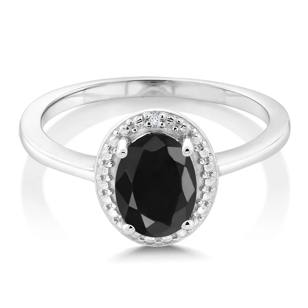 GemStoneKing 1,67 карат Овальный натуральный черный сапфир белый бриллиант 925 пробы Серебряное кольцо для женщин