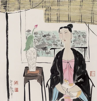 

classical Chinese ancient women cat lotus scenery oil painting canvas painting printings printed on canvas decoration picture