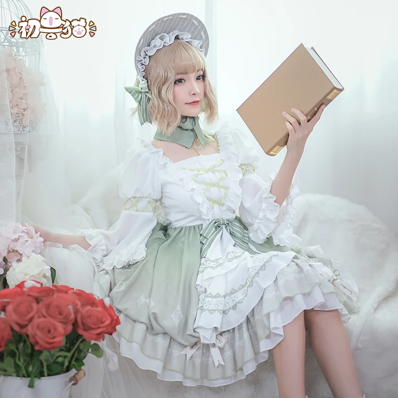 Groen Licht Bos Lolita Dress Kostuum Sweet Leuke Half Mouw meisje Jurk Zomer Dagelijks Rok Jurk + Hoed H Groen Licht Bos Lolita Dress Kostuum Sweet Leuke Half Mouw meisje Jurk Zomer Dagelijks Rok Jurk + Hoed H