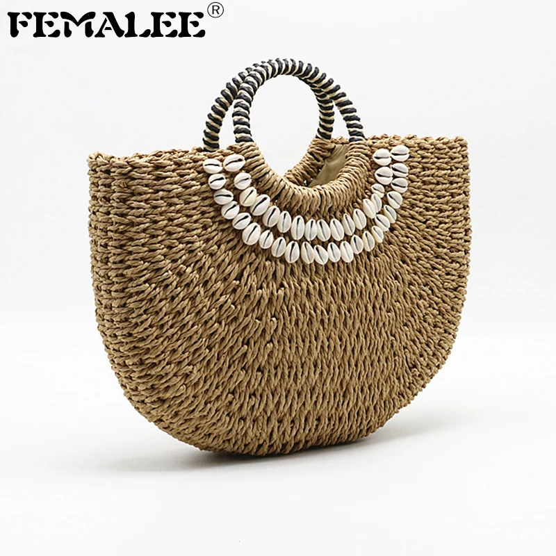 

FEMALEE Summer Shell Straw Bags Rattan Shoulder Woven Handbag Ladies Tote Messenger Bags Designer Wrap Half Moon Beach Bags