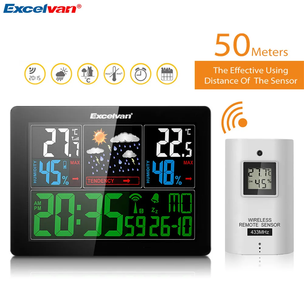 

EXCELVAN COLOR Wireless Weather Station With Forecast Temperature Humidity EU Plug Alarm and Snooze Thermometer Hygrometer Clock