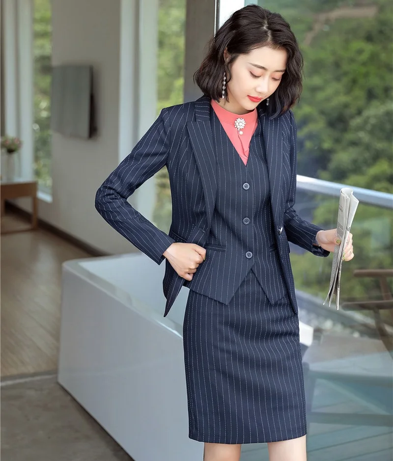 Formal Business Suits With 3 Piece Jackets And Skirt And Vest Coat & Waistcoat Fashion Striped Skirt Suits Ladies Blazers Sets