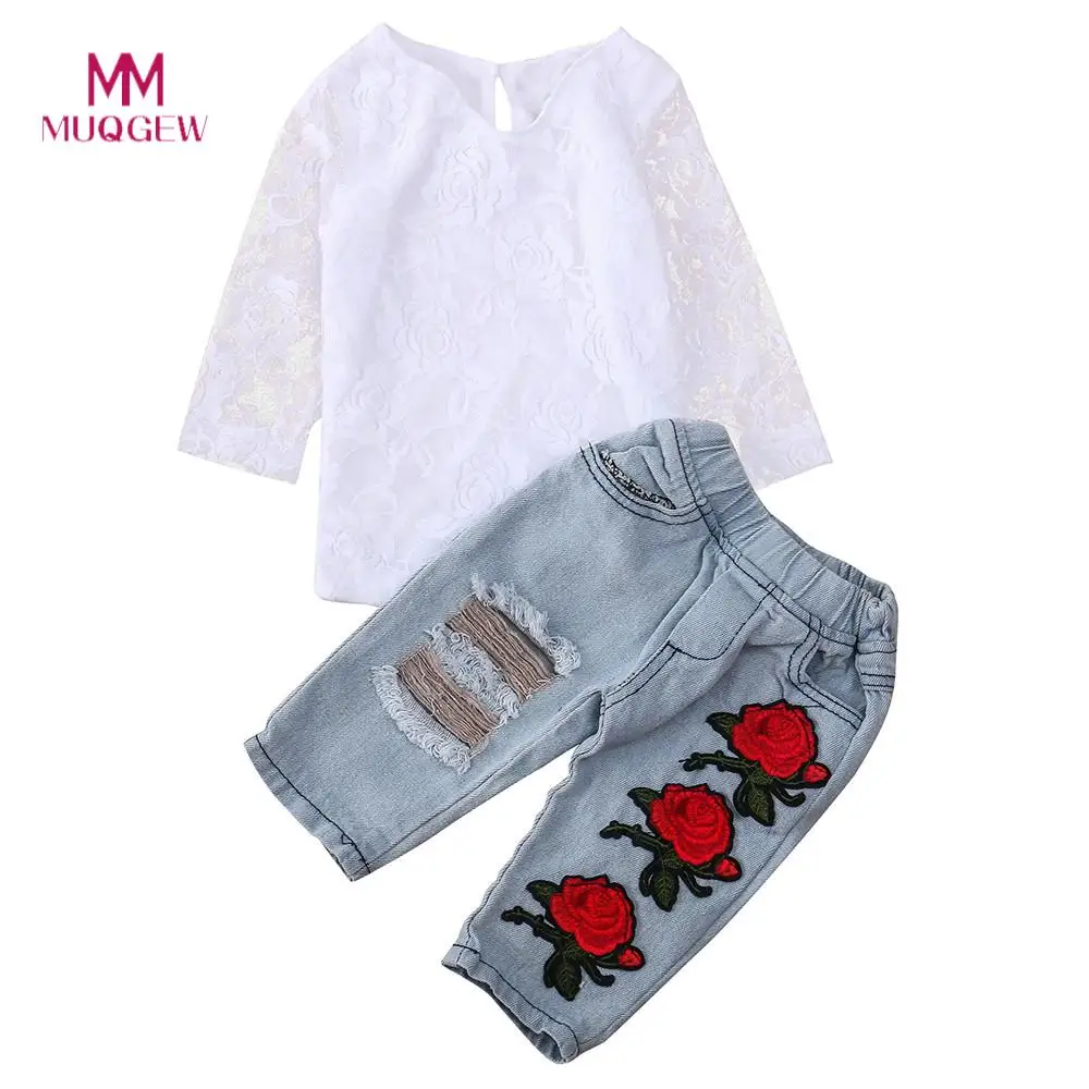 

2018 New Arrival Baby Girl Boy Clothes Clothes O-neck Long Sleeve Lace Flower Tops Shirt+Floral Long Pants Baby Clothing Set