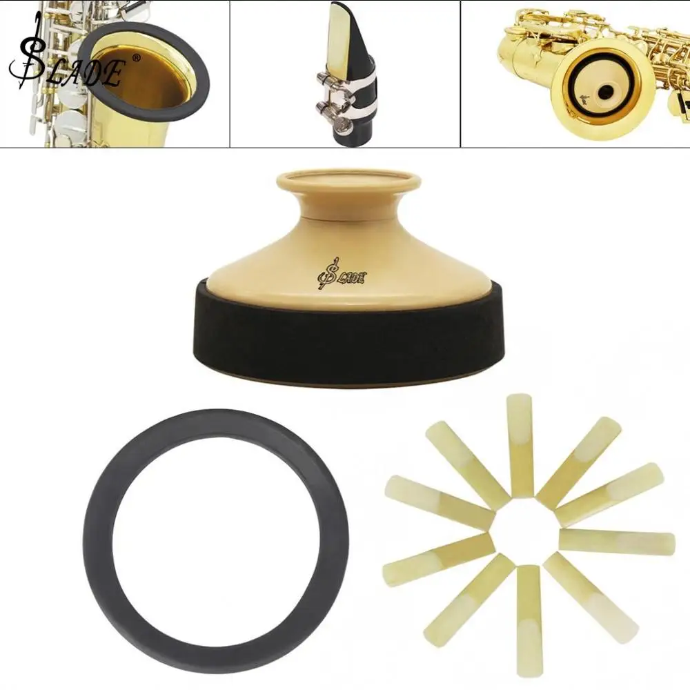 

Durable and not easy to deform Alto Sax Accessories Kit with ABS Saxophone Mute + Rubber Protector Silencer Ring + 10pcs Reeds