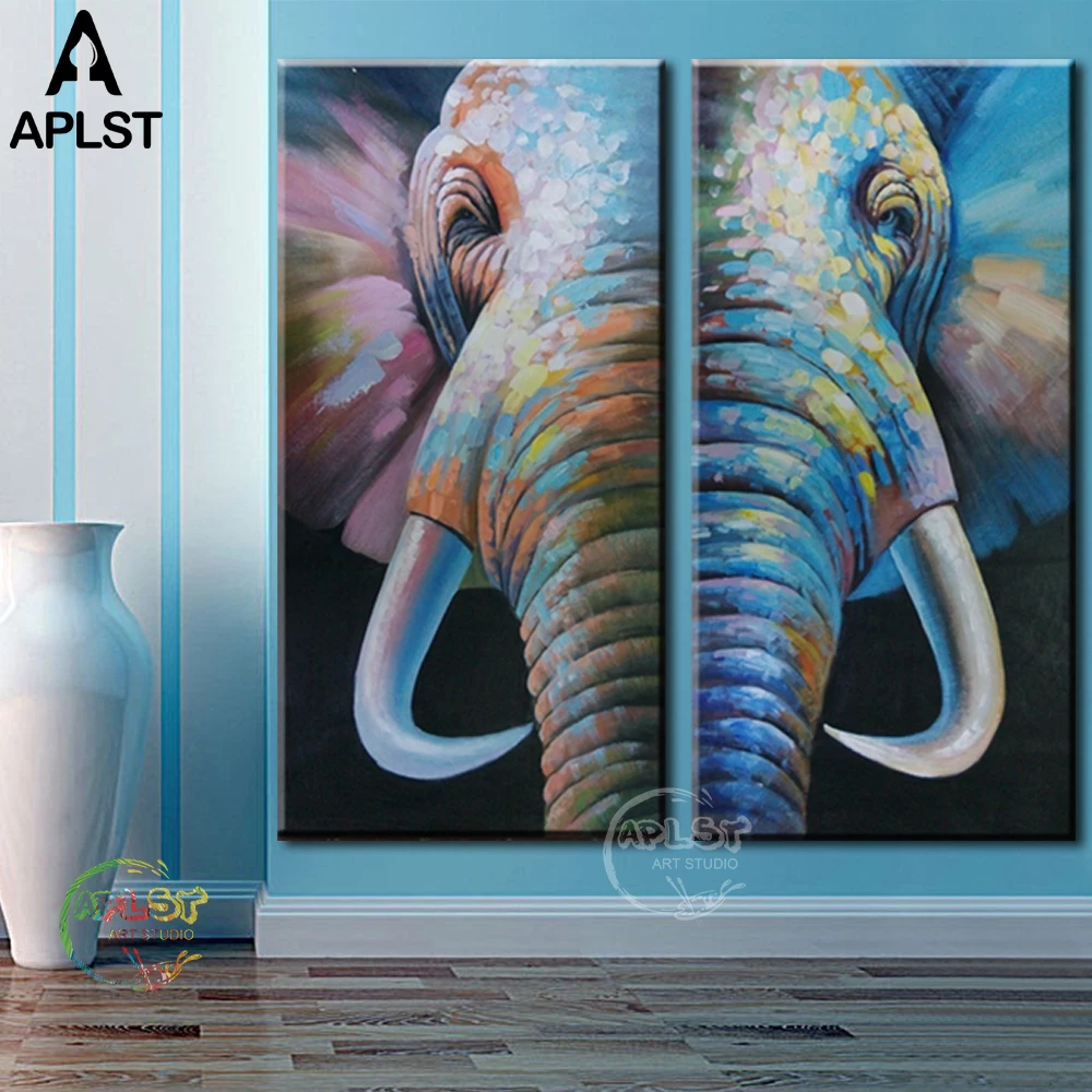 

Modern Large Wall Picture Canvas Art Animal African Elephant Oil Painting Wall Panel Picture Decoration- Set of 2(No Frame)
