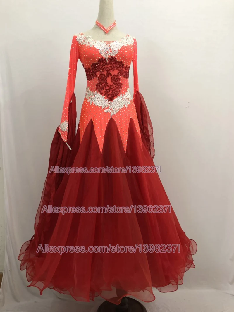 

Standard Ballroom Dress Women 100% New Sparkle Glass Stone Adult Red Waltz Tango Ballroom Competition Dance Dresses