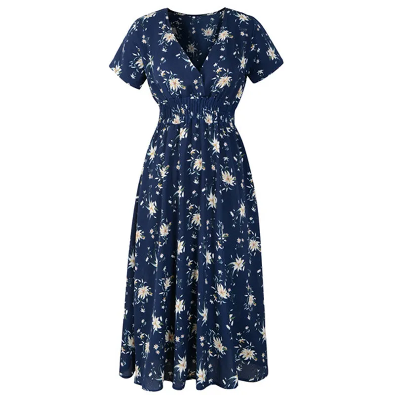 Elegant V neck Women Summer Dress High Waist Floral Print Female Long ...