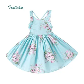 

Tonlinker Baby Girls Dress 2018 Summer Beach Style Floral Print Party Backless Dresses For Girls Toddler Girl Clothing Vestidos