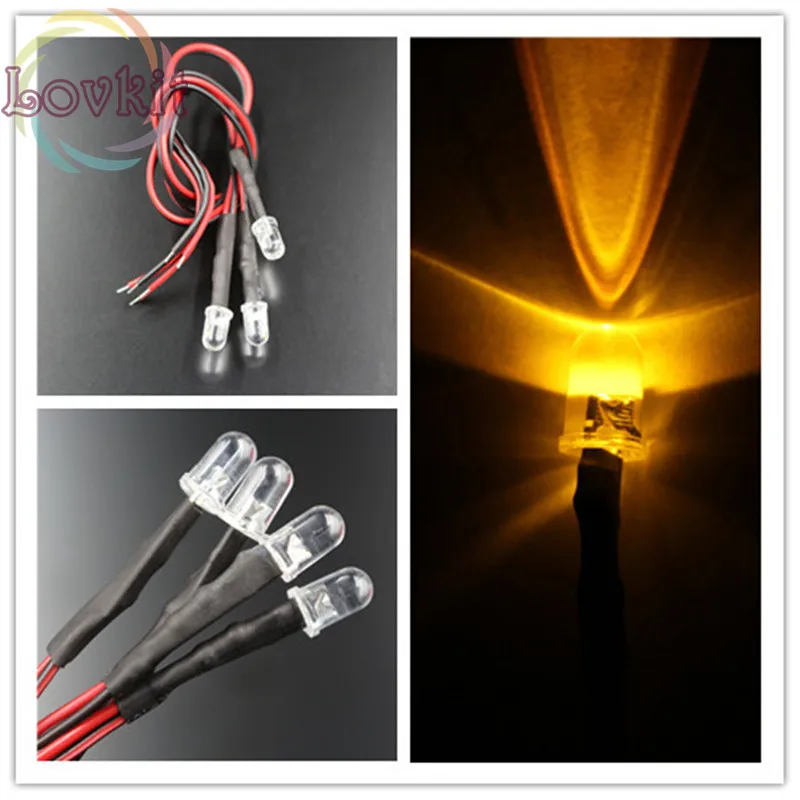 

50pcs 5MM 12v Pre-Wired Resistor Round Top Yellow LED DC 20cm Emitting Diode DIY For car Lamp High Quality Wholesale Retail