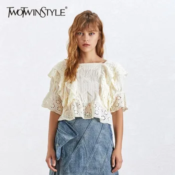 

TWOTWINSTYLE Hollow Out Shirt For Women Square Collar Ruffles Puff Sleeve Crop Top Blouse Female Fashion Summer 2020 New