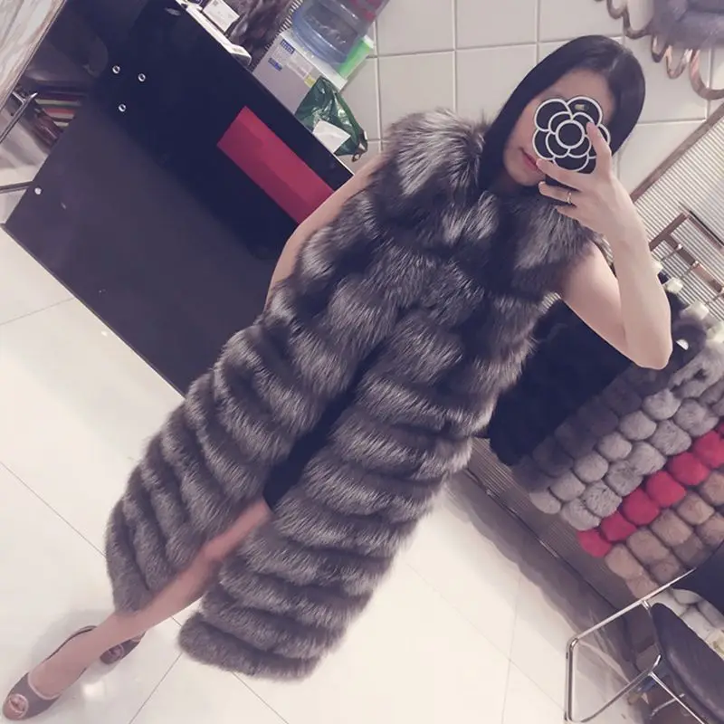 Silver Real Fox Fur Vest Winter Women New Casual Warm Coat Slim long Sleeveless Ladies Fur Jacket Outerwear