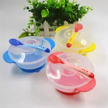 The Best Price Baby Bowl 3Pcs/Set Baby Learnning Dishes with Suction Cup Temperature Sensing Spoon and Fork Baby Tableware