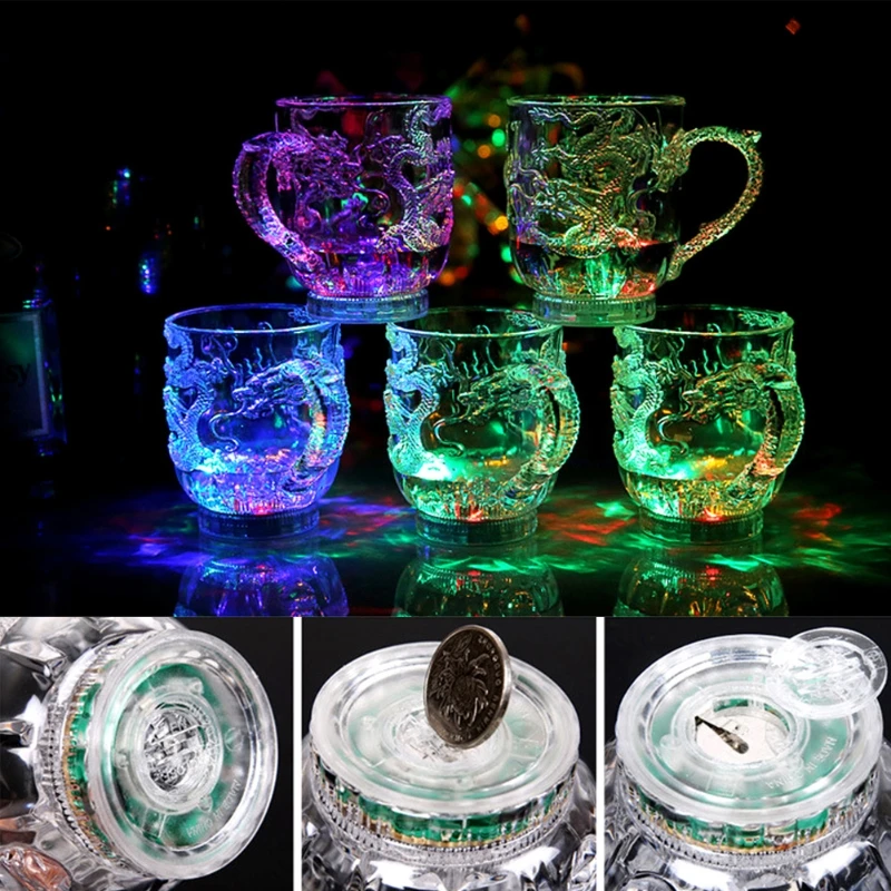 

6pcs Beer Glass Dragon Pattern Cocktail Glass LED Inductive Rainbow Party Flashing Light Whisky Mug Wine Glass Glass Cups