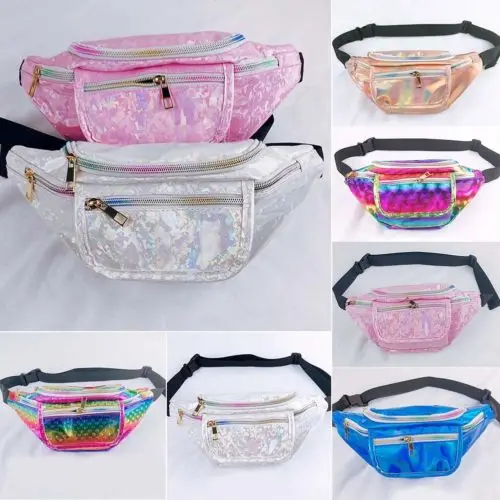 Beinou Glitter Fanny Pack for Kids Cute Leather Back Waist Bag Adjustable Belt Bag Party Bum Bag Sparkly Rave Hip Pouch Shoulder Bags Chest Pack for Tracking Hiking