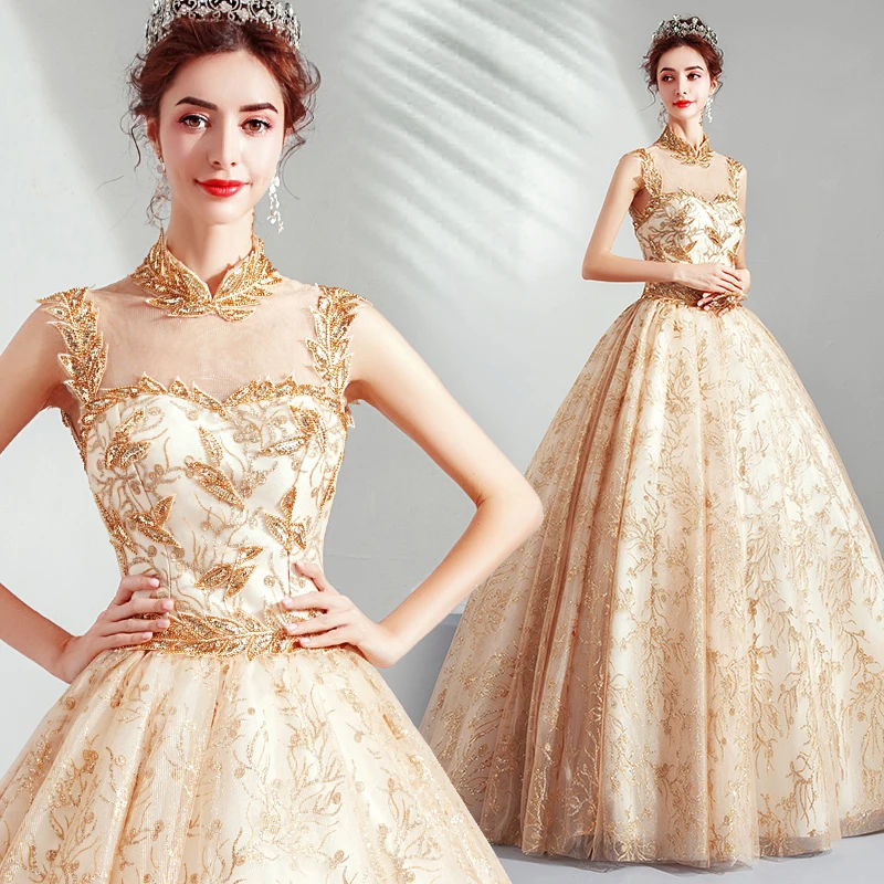 

H Luxury Golden Flower Vine Princess Stand Collar Long Dress Victorian Medieval Dress Renaissance Gown Victoria/antoinette/belle