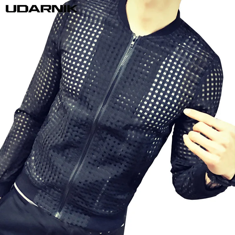 

Men Mesh Jacket Thin Transparent Casual Long Sleeve Pockets Solid Sunscreen Coat Zipper Outwear White Black Fashion 809-355