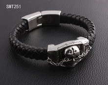 Pulsera de cuero trenzado con acero inoxidable cráneo para hombre pulseras de acero biker skull bracelet SMT251