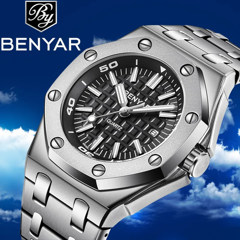 

BENYAR Quartz Luxury Brand Waterproof reloj hombre Casual Fashion Style Stainless Steel Strap Steel Black erkek kol saati+Box