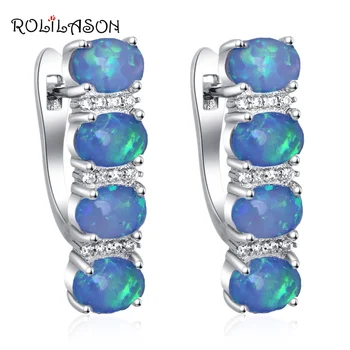 

ROLILASON Simple design Hoop Earrings for women Wholesale & Retail Blue Fire Opal Silver Stamped Fashion Jewelry OE746