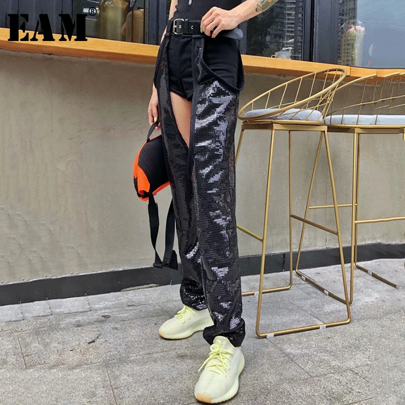 

[EAM] 2019 New Spring Summer High Waist Loose Black Sequins Hollow Out Stitch Wide Leg Jeans Women Trousers Fashion Tide JW750