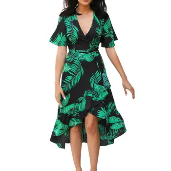 

Short Sleeve Dress Green Tropical Beach Vintage Maxi Dresses Boho Casual V Neck Belt Lace Up Tunic Draped Dress
