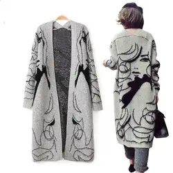 Зимние Утепленные серый мода ручная роспись Для женщин длинный кардиган шерсти свободные мохер свитер с рукавами «летучая мышь» кардиган