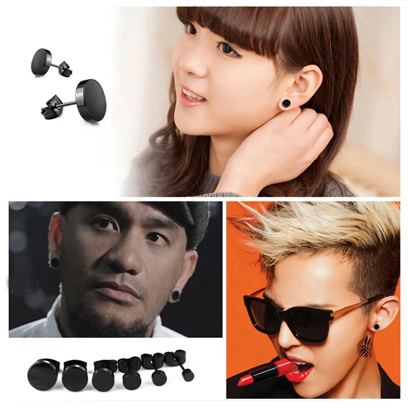 

SexeMara 1pc Wild Fashion Round Black Titanium Stud Earrings Dumbbell Stainless Steel Earrings Korean Women Men Wholesale Gift