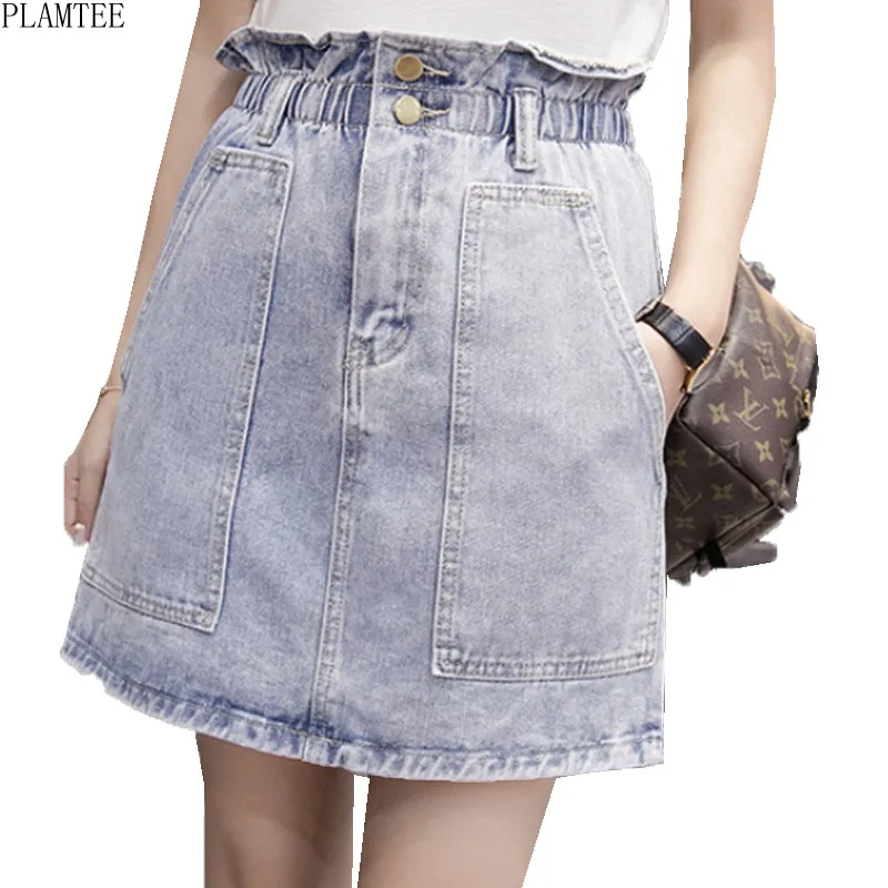 

PLAMTEE Large Size Ruffles Elastic-Waist Denim Skirt Solid Color Mini Saia Sexy Short A-Line Skirts Feminino Kawaii Jupe Femme
