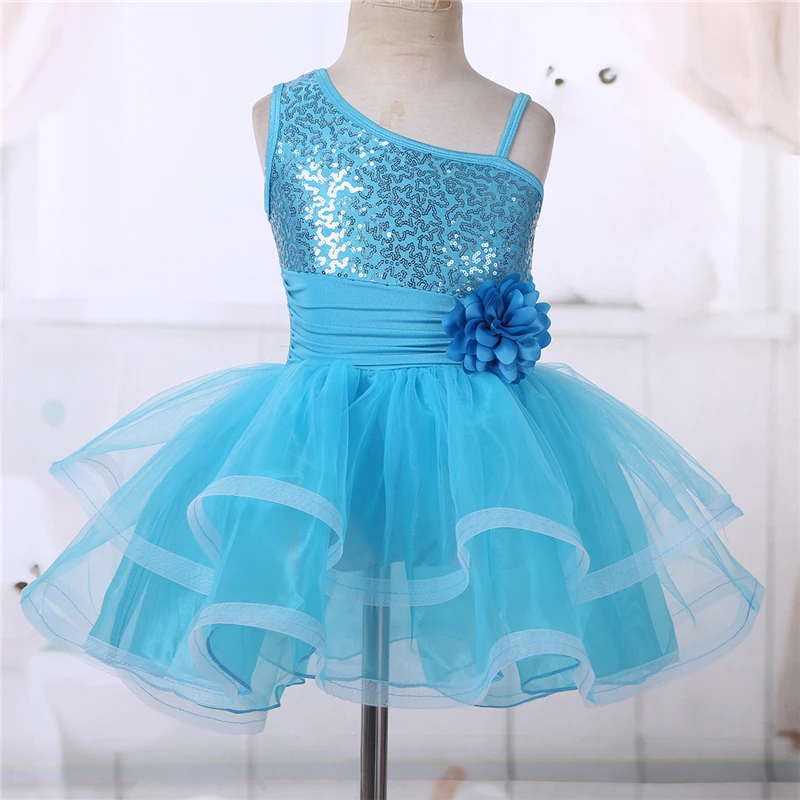 Детская одежда для танцоров для выступлений, платье с одним плечом и блестками, балетные и гимнастические танцевальная пачка, платье - Цвет: Light Blue
