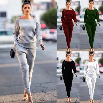 

Women 2pcs Clothes Set Solid Gray Black Wine Red Long Sleeve Autumn Sweatshirt Pants Sets Casual Tracksuit Suit