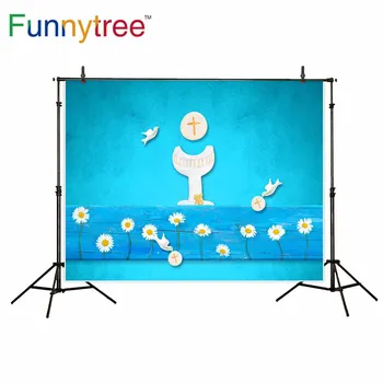 

Funnytree background for photo studio Communion doves Holy Grail daisy flower blue wood photography backdrop photocall prop