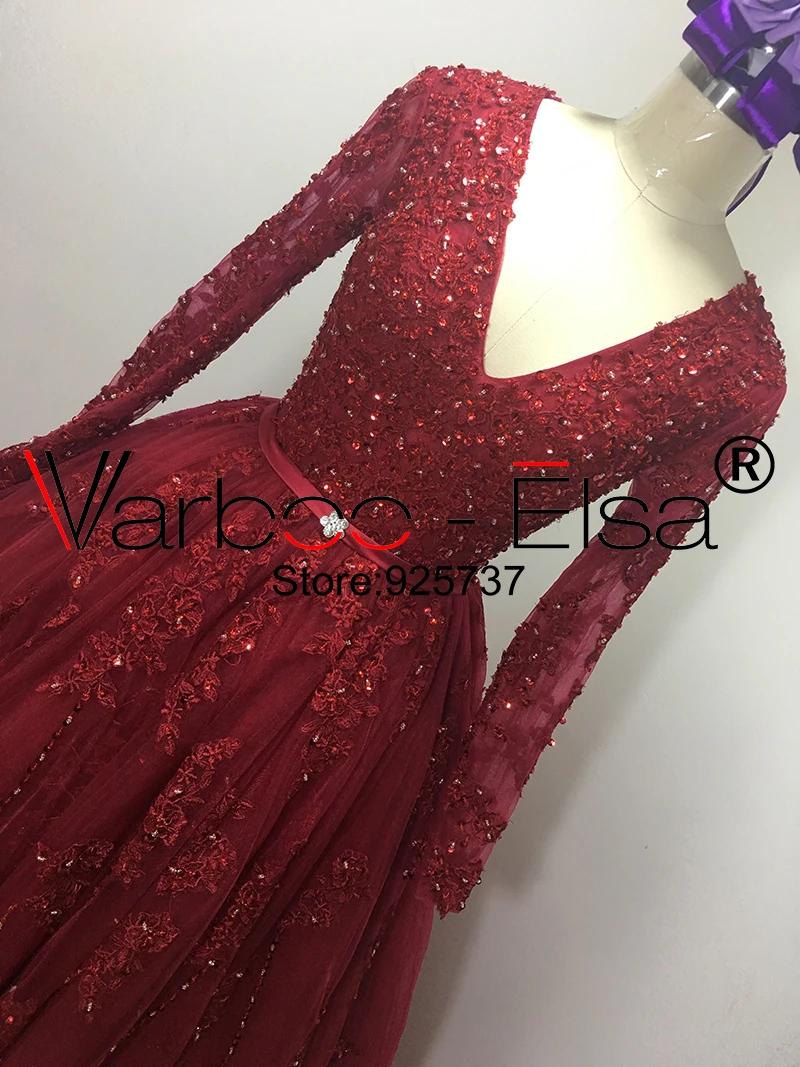 VARBOO_ELSA vestido de noiva Бисер V образным вырезом торжественные платья с красным кружевом с длинным шлейфом мяч халат с рукавами до локтя, свадебные платья в Китае