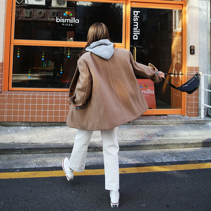 Goedkoop Lanmrem 2020 Lente Nieuwe Casual Mode Vrouwen Losse Plus Temperament Effen Kleur Single Breasted Korte Wollen Jas TC790